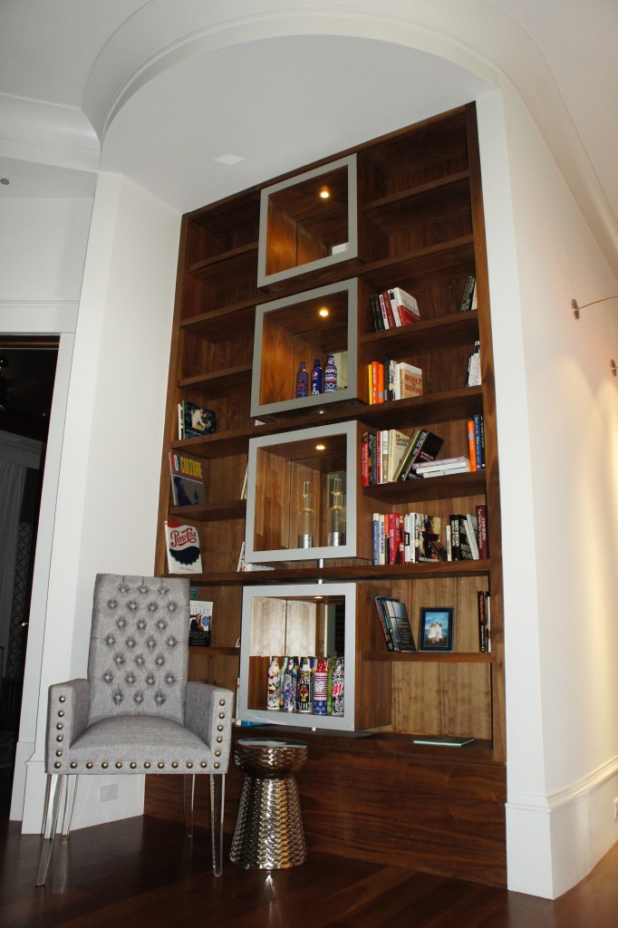 I do not have a very great picture of this, but I am so proud of this design detail!  This was another detail constructed straight from my drawings!  The cubes are backed with mirrors for depth, and faced with stainless steel.  I loved the graphic element.