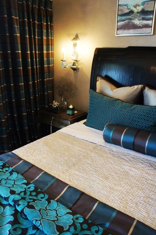 The striped fabric is a great faux silk by Maxell Fabrics, and the blue floral and geometric is by Clarke and Clarke Fabrics.  