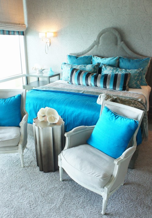 taupe and turquoise master bedroom