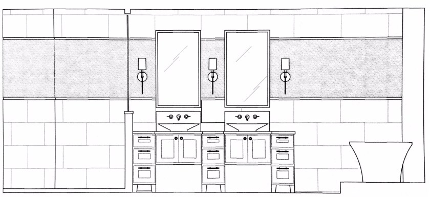 Here is my drawing for the new Master Bathroom vanity.  The wide horizontal band of micro mosaic tiles wrapped all around the room.  We were able to put in a gorgeous soaker tub, and a glass-enclosed steam shower!
