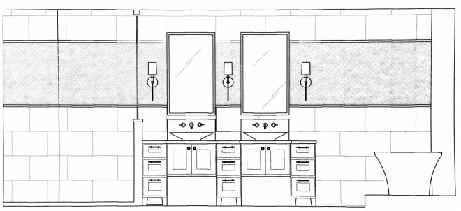 Here is my drawing for the new Master Bathroom vanity.  The wide horizontal band of micro mosaic tiles wrapped all around the room.  We were able to put in a gorgeous soaker tub, and a glass-enclosed steam shower!