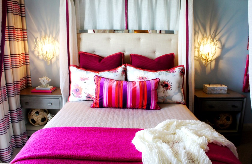 Flanking the bed are two gray nightstands, and some cream Eventide Wall Sconces by Currey and Company.  Not only do these sconces look ethereal and free up the nightstands, but they also leave sculptural shadows on the wall, which I love!