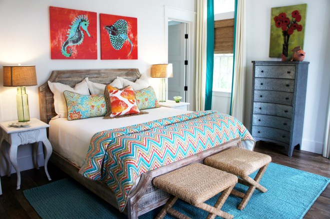 First Floor Bedroom: We brought in glorious orange to complement the turquoise in this room!