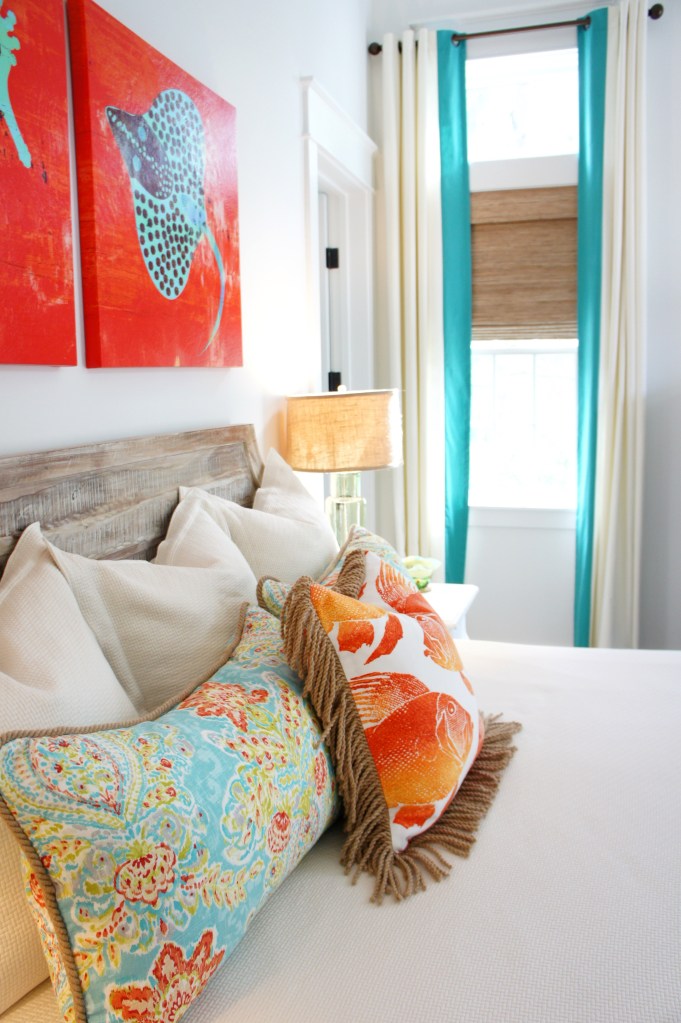 Holy fish pillow! I was in love with the throw pillow I designed, with its jute bullion fringe, and large fish block print.