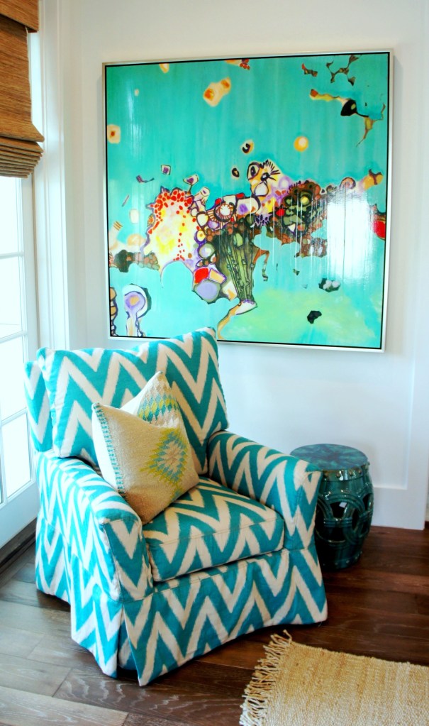 Seating Area in Master: These clients specifically mentioned that they love chevron prints! Why not go bold, and cover a whole chair? The results are bright, fun and dynamic!