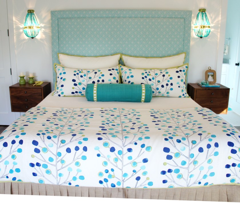 Second Floor Guest Room: This room was centered around this modern tree print fabric! The headboard is covered in a blue Sunbrella mini-print. The green flatweave rug helps to break up all the blue, and the mid-century modern casegoods add a rustic/mod vibe to the room.